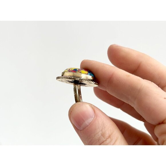 Rainbow Mosaic Jasper Stone Sterling Silver Vintage Southwest Ring - sz 5.75 - Picture 7 of 10